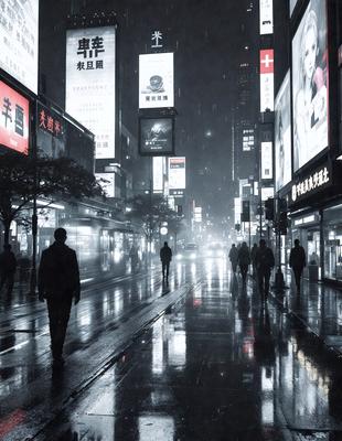 The primary subject of the image is a man walking down a rain-soaked city street at night. The setting is a busy city with tall buildings and neon lights, creating a lively atmosphere. The visual style is a black and white photo, which adds a sense of nostalgia and drama to the scene. The dominant colors are black, white, and various shades of gray, which contribute to the overall mood of the image.
